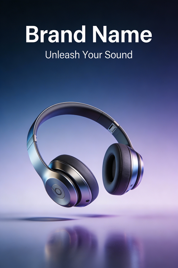 A stylish and simple poster advertising a new high-tech wireless headset. The poster shows stunning high-resolution 3D renderings of the headset, whi…